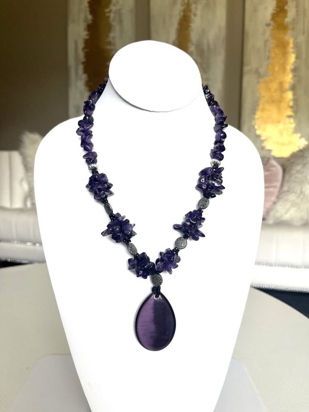 Amethyst Necklace with Purple Glass Pendant and Toggle Clasp